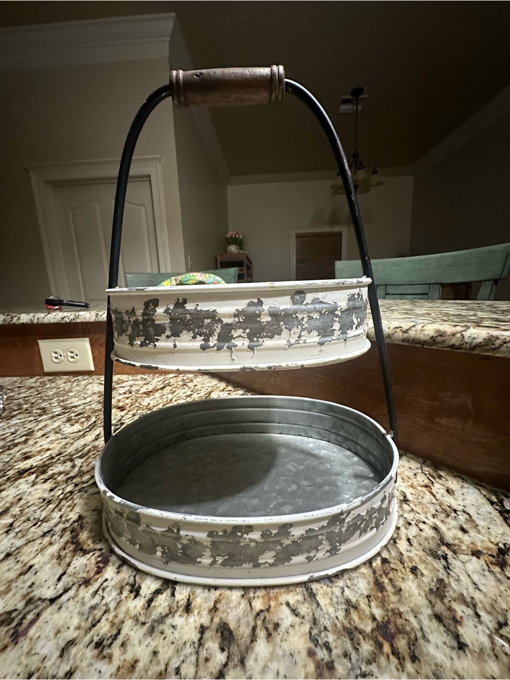 Two-Tier Metal Organizer Tray in Distressed White and Gray